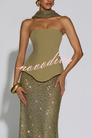 Oakley Corset Strapless Top and Sequin High Rise Maxi Skirt Scarf Set