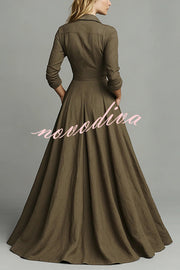 Linen Blend Lapel Pocket Single-breasted Shirt-style Casual Maxi Dress