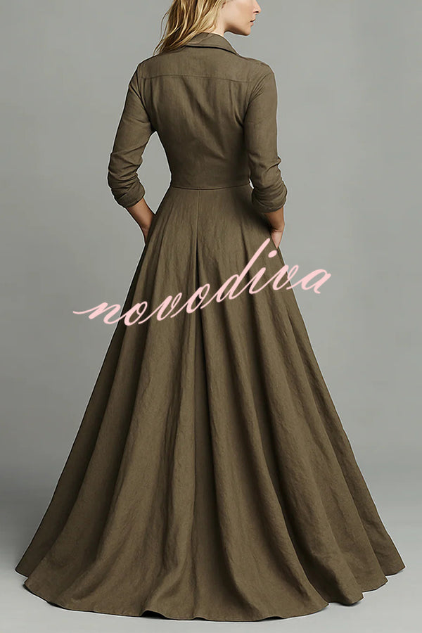 Linen Blend Lapel Pocket Single-breasted Shirt-style Casual Maxi Dress