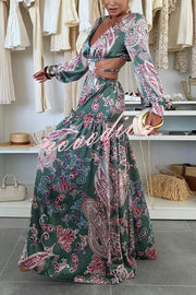 Gabbie Satin Paisley Print Cutout Elastic Waist Long Sleeve Full Hem Maxi Dress