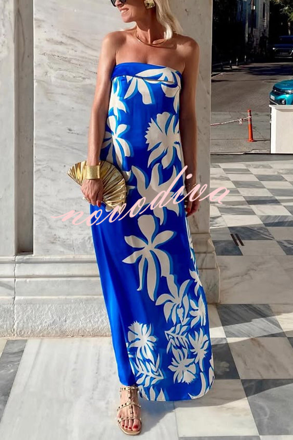 Fashion Vacation Satin Unique Print Off Shoulder Maxi Dress