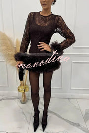 Alyssa Lace Fabric Tulle Layered Petals Trim Long Sleeve Mini Dress
