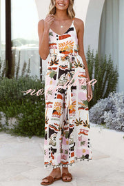 Unique Beach Vacation Print V-neck Suspenders Casual Wide-leg Jumpsuit