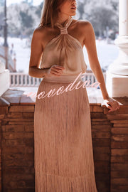 Elegant Tassel Hem Elastic Waist Casual Maxi Skirt