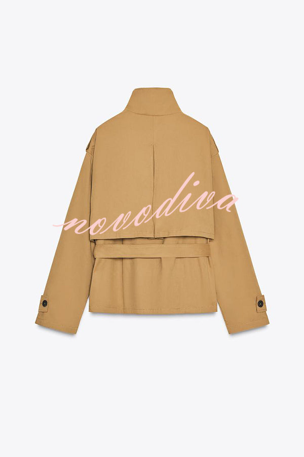 Chic Comfort Epaulettes Contrast Buttons Pocket Belt Cropped Trench Coat