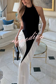 Fashionable Contrast Color Open Back Side Pleated Draped Maxi Dress