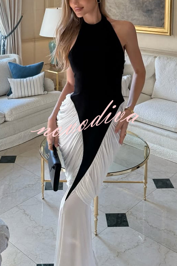 Fashionable Contrast Color Open Back Side Pleated Draped Maxi Dress