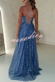 Cinderella Glitter Tulle Fabric Cowl Neck Back Lace-up Pocketed Slit Maxi Dress