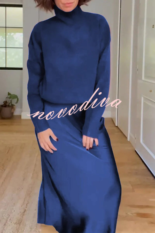 Jaelyn Solid Color Turtleneck Long Sleeve Sweater and Satin Elastic Waist Maxi Skirt Set