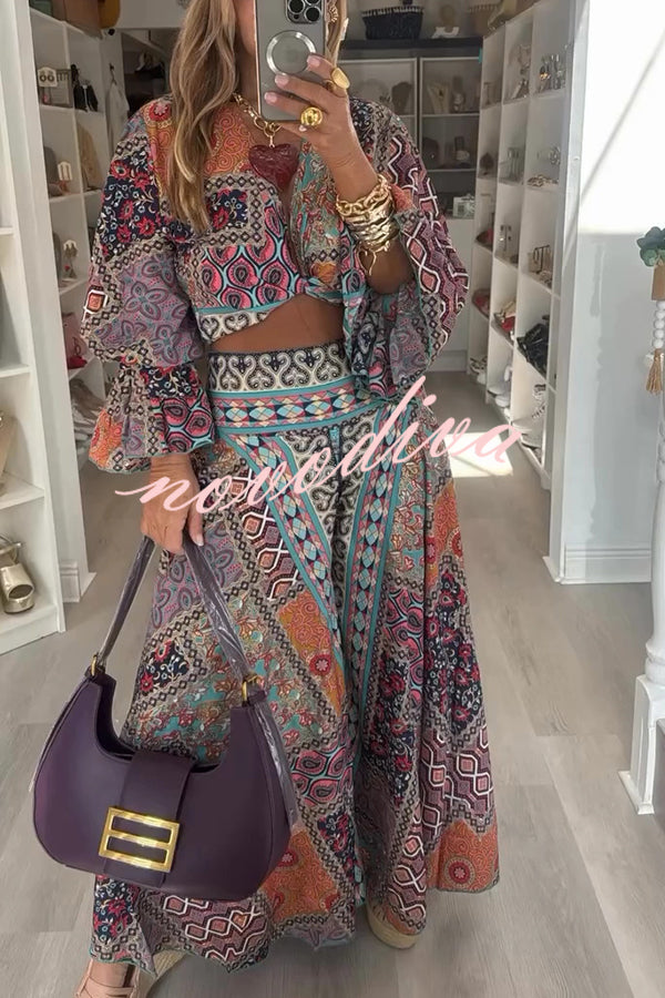 Unique Boho Ethnic Print Balloon Sleeve Crop Top and Elastic Waist Wide-leg Pants Set