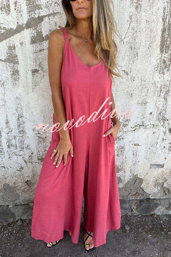 Linen Blend Solid Color Suspenders Loose Pockets Casual Wide-leg Jumpsuit