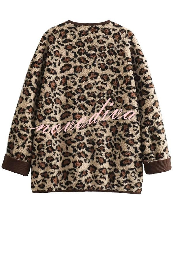 Warm Feel Colorblock Leopard Print Plush Button Up Pocketed Teddy Jacket