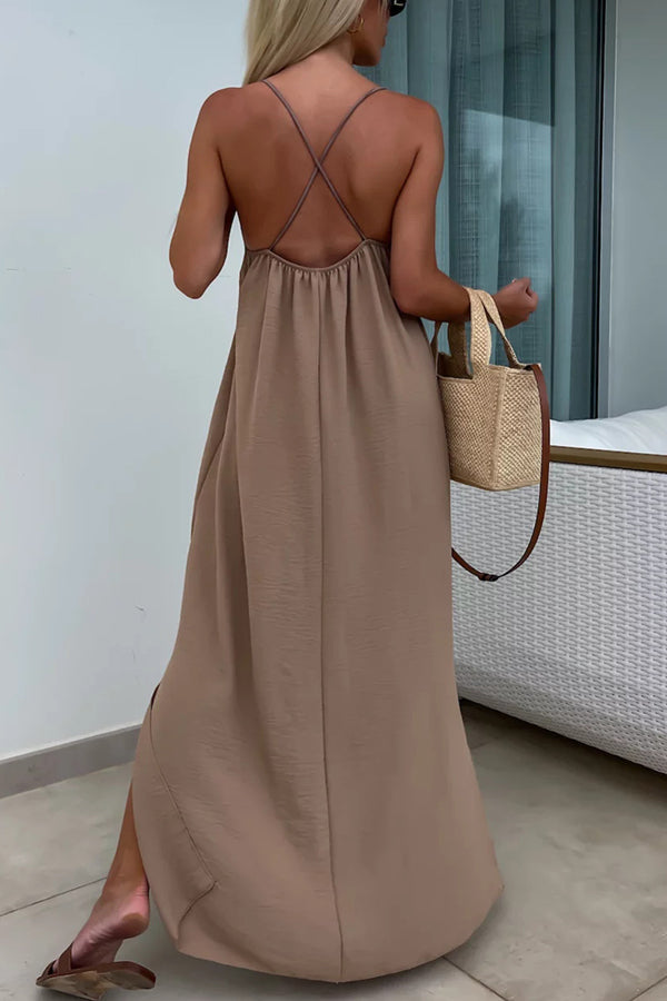 Solid Color Resort Style Spaghetti Strap Backless Maxi Dress