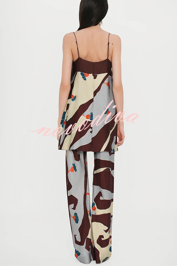Loving Views Satin Unique Print a-line Tank and Elastic Waist Loose Pants Set