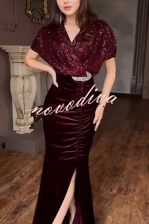 Elegant V-neck Sequined Velvet Stitching Sexy Slit Maxi Dress
