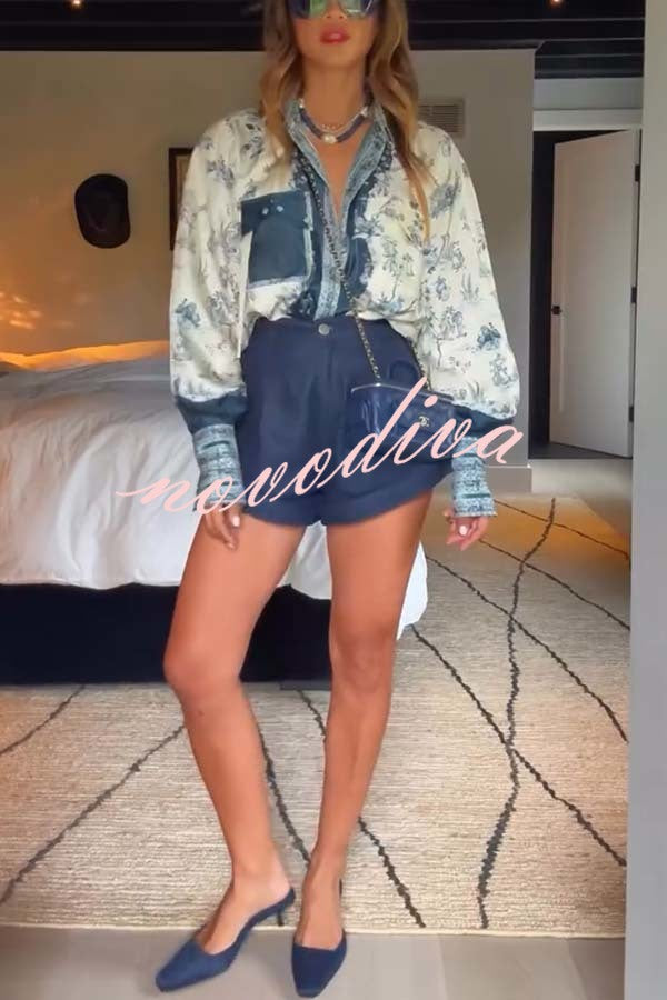 Bohemian Elegant Satin Contrast Color Unique Print Button Up Pocket Loose Blouse