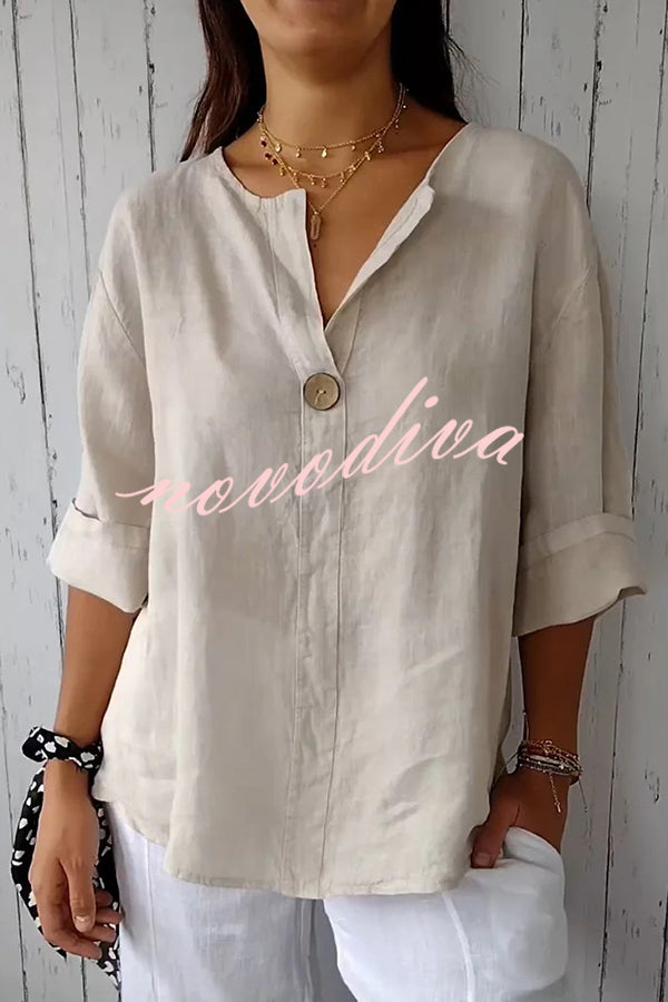 Solid Color Casual Button V-neck Loose Top