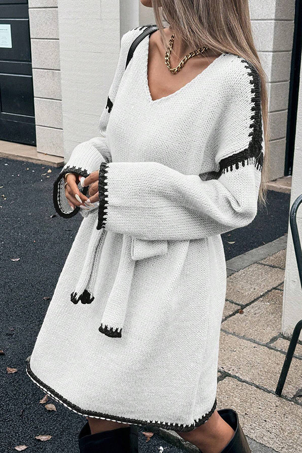 Stylish Loose-fitting Long-sleeved Tie-waist Knit Mini Dress