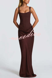 Larrah Square Neck Back Lace-up Satin Drape Hem Maxi Dress