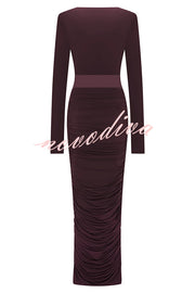 Sexy See-through Long-sleeved V-neck Pleated Slim-fit Maxi Dress