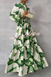 Unique Printed V-neck Long Sleeve Waist Tie-down Maxi Dress