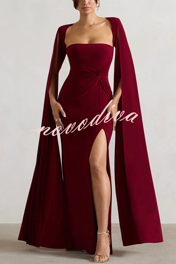 Elegant Goddess Square Neck Twisted Cape Sleeve Slit Maxi Dress