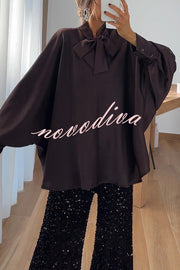 Chic and Merry Satin Bow Neck Batwing Sleeve Loose-fitting Blouse