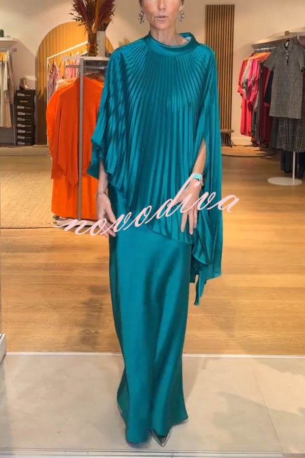 Lily Satin Solid Color Pleated Loose Cape and Elegant Maxi Skirt Set