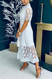 Elegant Crocheted Cutout Lace Short-sleeved Stand-collar Midi Dress