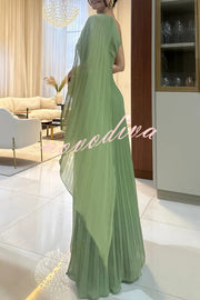 Kate Pleated One Shoulder Drape Sleeve Twist Waist Maxi Dress