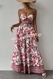 Floral Print Cutout Bandeau Top and Elastic Waist Full Maxi Skirt Set