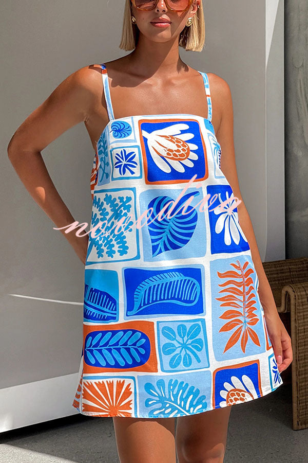 Beach Babe Linen Blend Unique Print Pocketed A-line Mini Dress