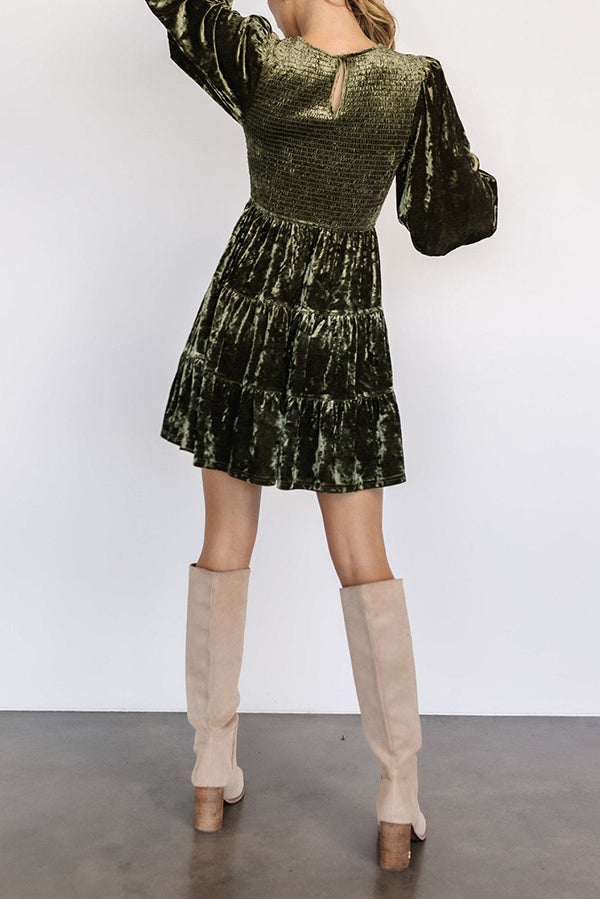 Solid Velvet Long Sleeve Crew Neck Smocked Ruffle Mini Dress