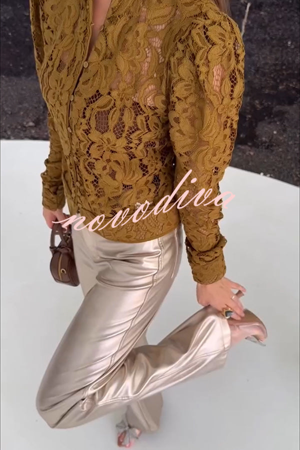 Ceyvan Metallic Fabric High-waist Pocket Straight Leg Stretch Pants