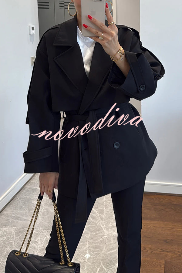 Modern Urban Dropped Shoulder Strap Button Detail Belted Lapel Loose Trench Coat