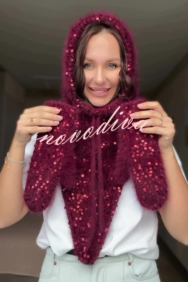 Sequined Drawstring Balaclava Warm Loop Scarf Hat and Gloves