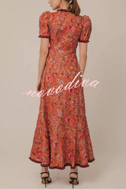Bohemian Floral Print Elegant Puff Sleeve Holiday Maxi Dress