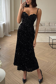 Yulissa Velvet Sequin Petal Sweetheart Neck Slip Stretch Maxi Dress