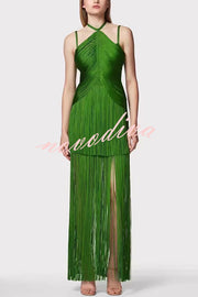Sexy Halterneck Open Back Elegant Tassel Slim Maxi Dress