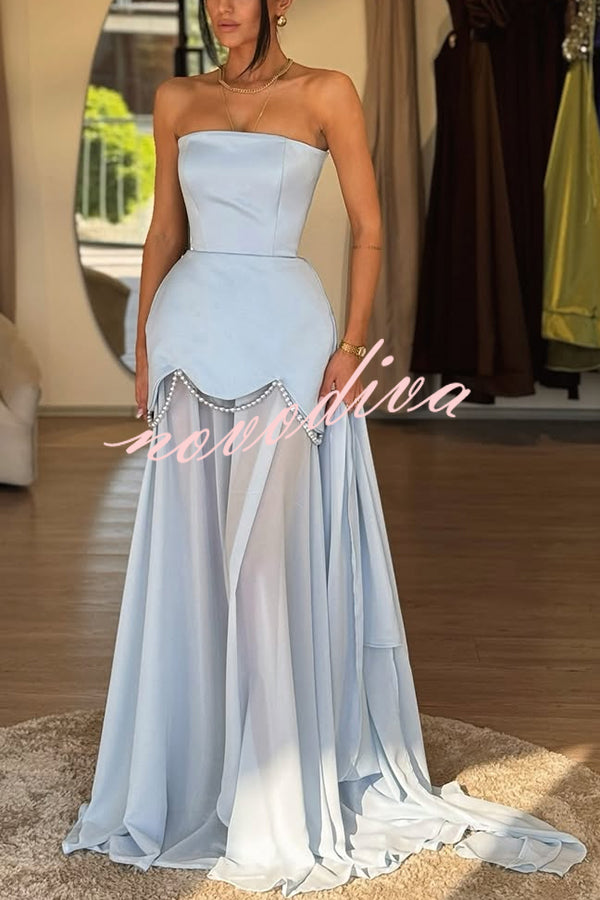 Jiya Satin Petal Hem Pearl Detail Chiffon Cape Strapless Maxi Dress