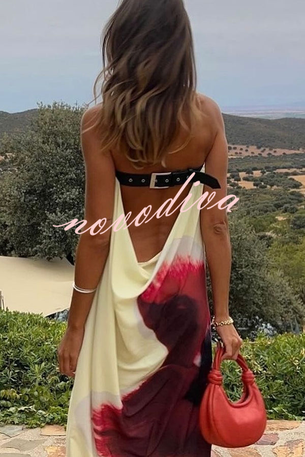 Floral Print Sexy Strapless Backless Belt Maxi Dress