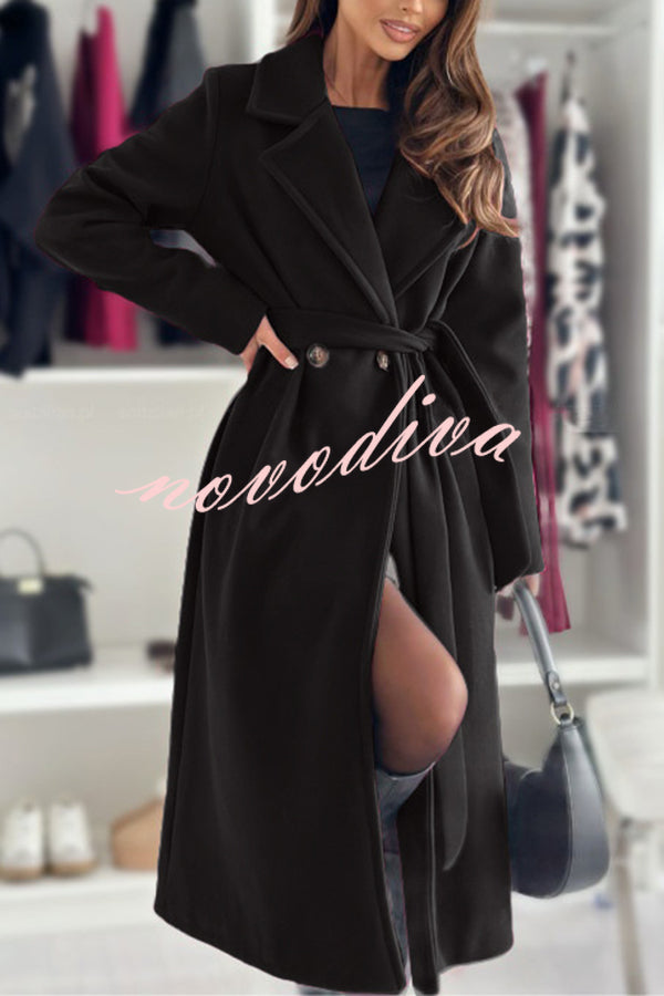 Solid Color Lapel Long Sleeve Waist Tie Long Coat