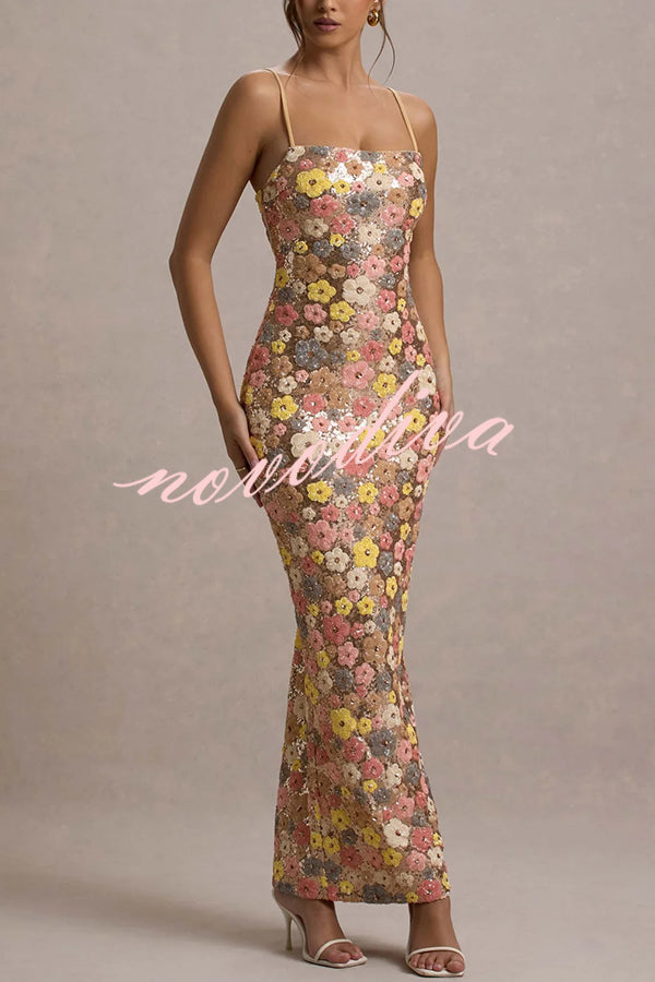 80's Inspired Floral Print Sequin Square Neck Slip Stretch Maxi Dress