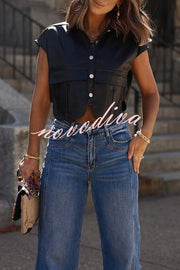 Stylish Weekend Faux Leather Button Up Cape Sleeve Pocket Crop Top