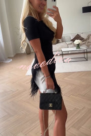 Marcelle Feather Trim Short Sleeve Color-block Him Mini Dress