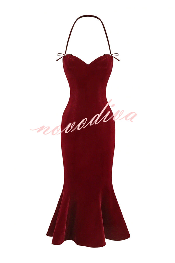 Althea Velvet Sweetheart Neck Bow Strap Fishtail Hem Stretch Midi Dress