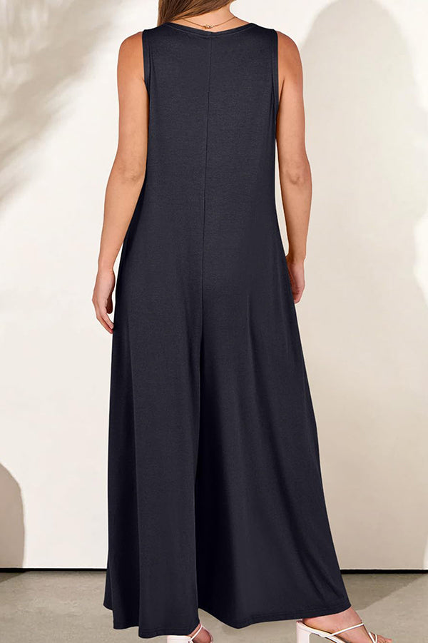 Solid Color V-neck Sleeveless Loose Pocket Wide-leg Jumpsuit