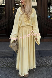 Solid Color Pleated Ruffled Tie Long Sleeve Loose Shirt