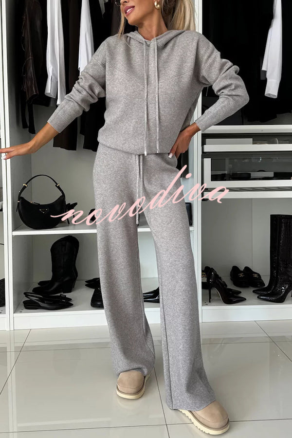 Solid Color Loose Hooded Tie Sweatshirt and Elastic Waist Casual Straight Pants Set
