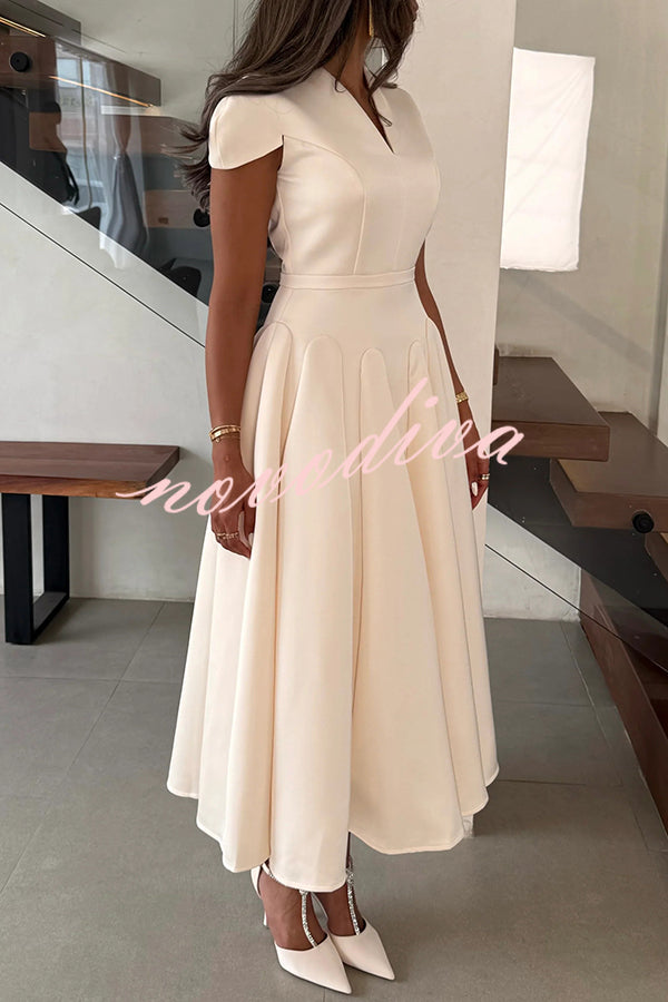 Solid Color V-neck Waist Elegant Full Hem Maxi Dress